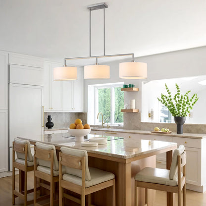 47" Linear Kitchen Island Lighting 3-Light Brushed Nickel Chandelier with White Fabric Drum Shade Adjustable Hanging Pendant Light for Dining Room Light Fixtures Over Table,Kitchen,Bar,Living Room,E26