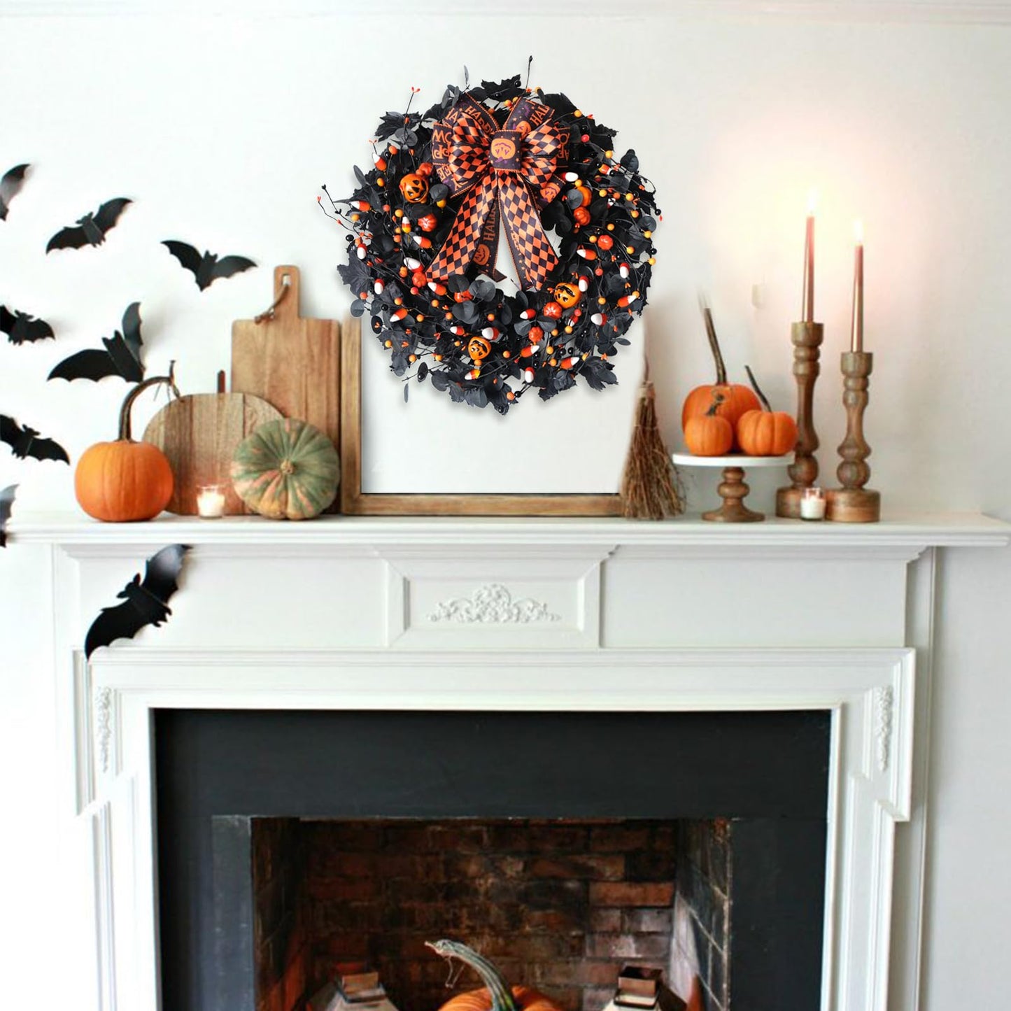 Bibelot 22inch Halloween Eucalyptus Wreaths Bow Decorative Wreaths Black Wreaths Pumpkin Decorative Party Holiday Celebration Indoor Outdoor Home Decoration