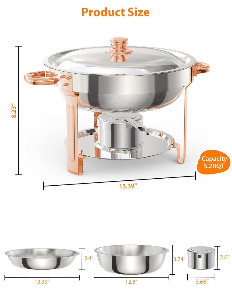 GarveeHome Chafing Dish for Buffet 2 Pack, 5 QT Round Chafing Dishes Buffet Set w/Lid Holder, Stainless Steel Chafers and Food Warmers with Spoon and Tweezers for Parties, Weddings, Events, Rose Gold