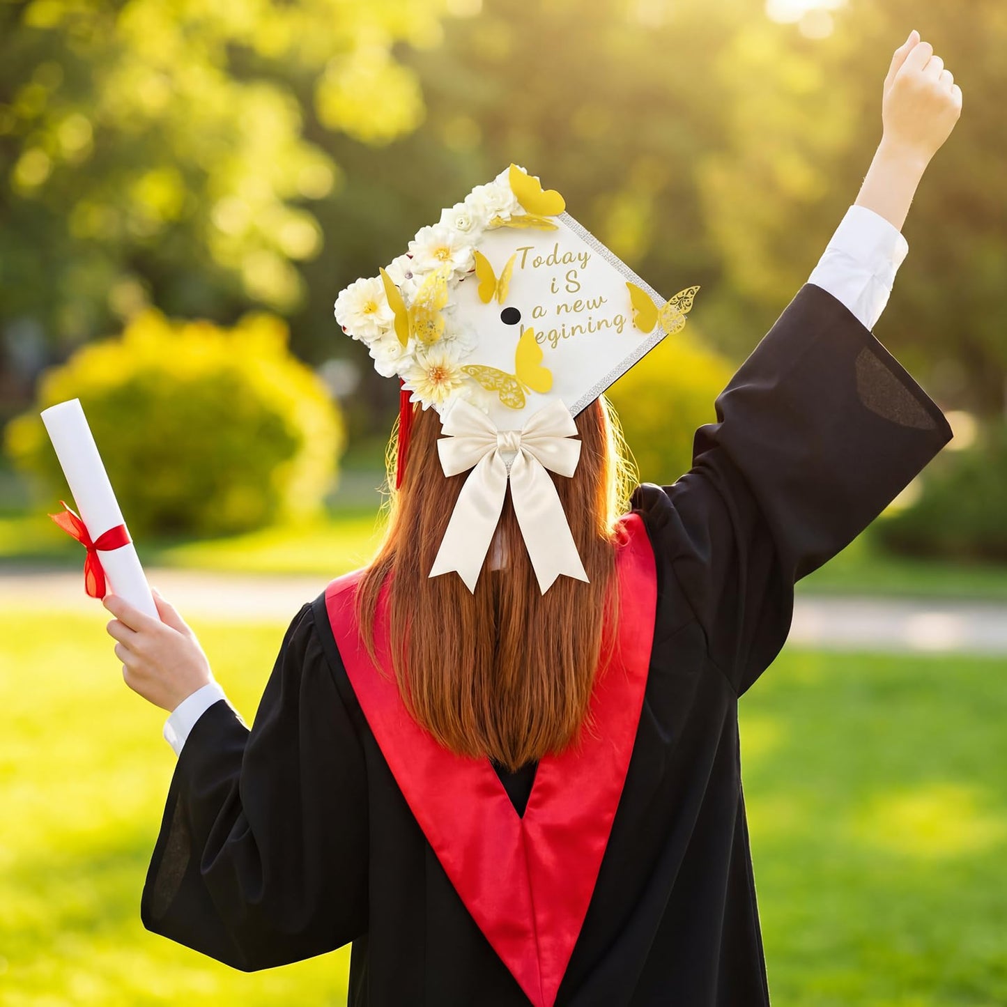 Vicenpal 29 Pcs Graduation Cap Decorations Kit DIY Grad Construction Paper with Artificial Flower Pearl Rhinestone Ribbon 3D Butterfly Alphabet Letter Stickers Satin Bow for Grad Cap DIY(Cream)