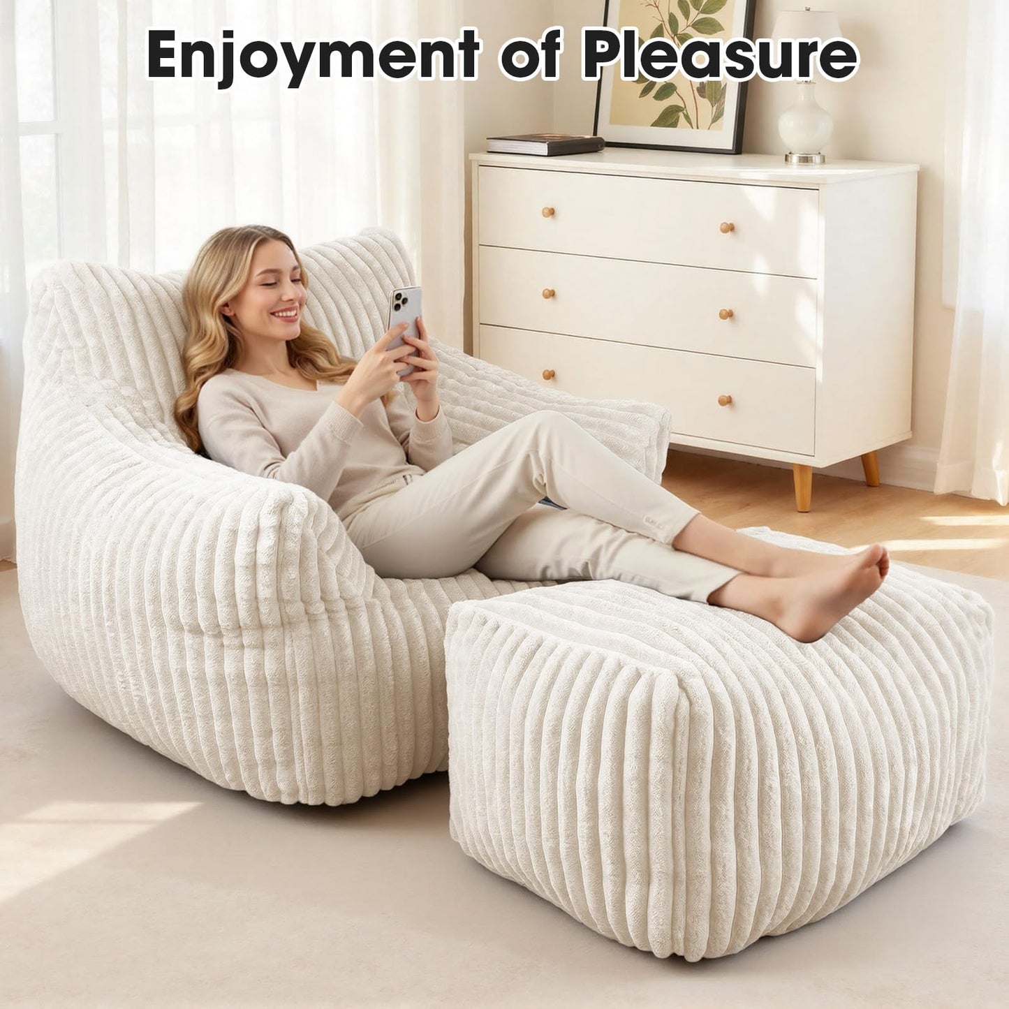 HarborHue Giant Bean Bag Chair with Ottoman, Oversized Memory Foam Bean Bag Sofa for Adults and Kids, Large Comfy Fluffy Single Lounges Mini Couch for Living Room, Bedroom & Dorm(Beige)
