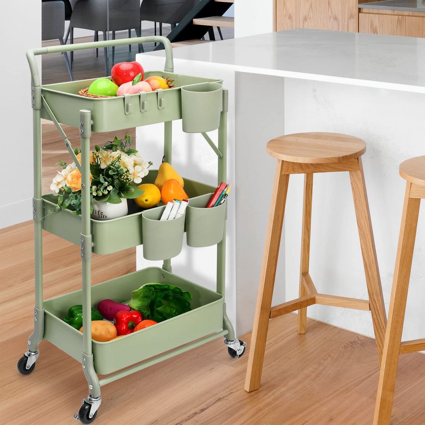 Foldable 3 Tier Rolling Cart, Metal Utility Cart, Folding Mobile Multi-Function Storage Trolley Organizer Cart for Home Library Office(Green)