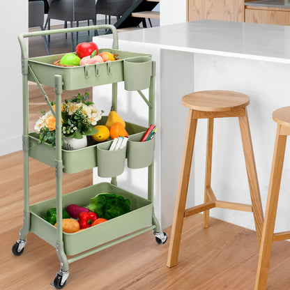 Foldable 3 Tier Rolling Cart, Metal Utility Cart, Folding Mobile Multi-Function Storage Trolley Organizer Cart for Home Library Office(Green)
