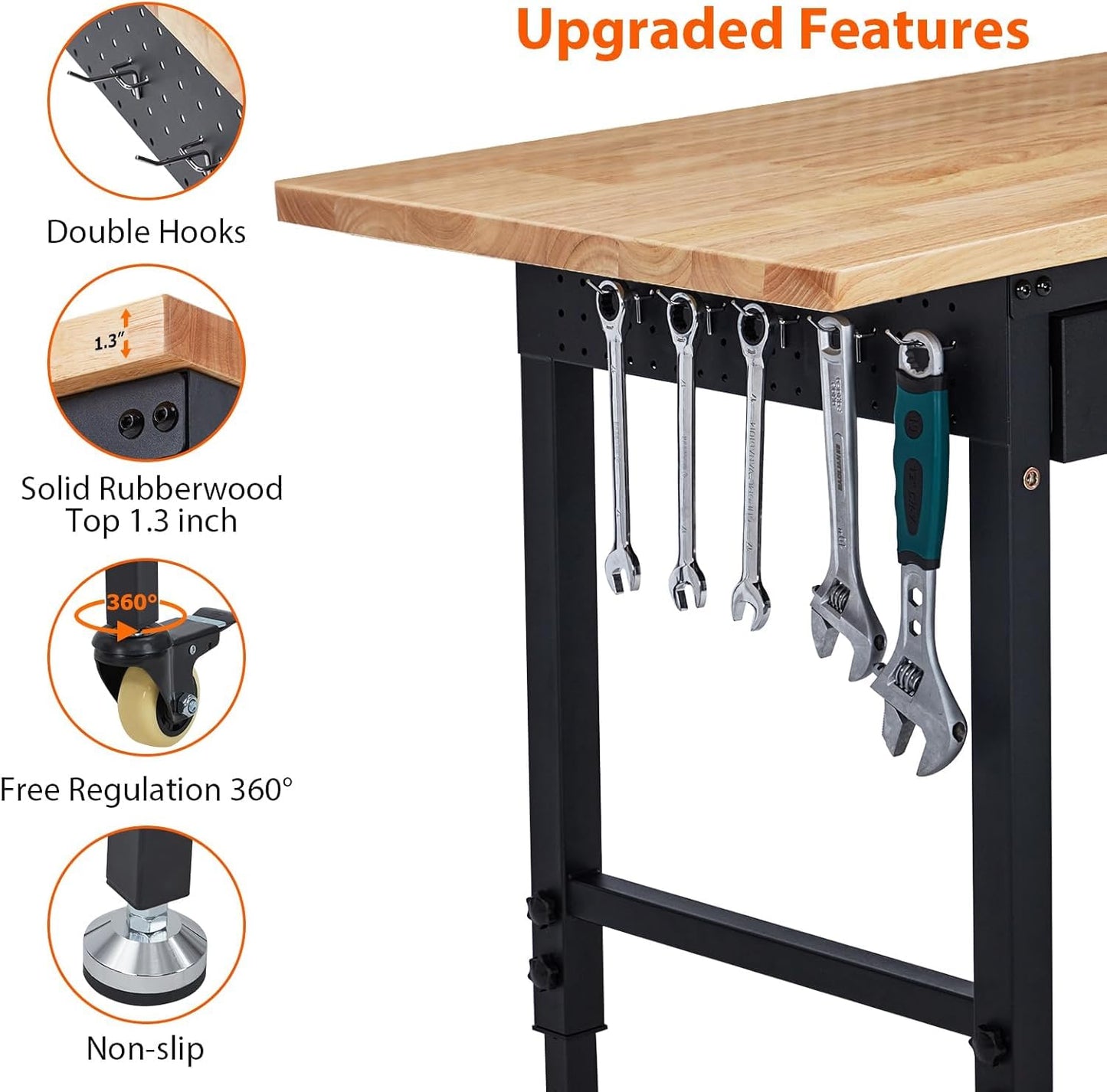Workbench 60" x 22" Adjustable Height Worktable - Heavy Duty Rubber Wood Top with Drawer Storage, 2000 Lbs Capacity, Mobile Tool Storage Workstation with Power Outlets & Lockable Wheels