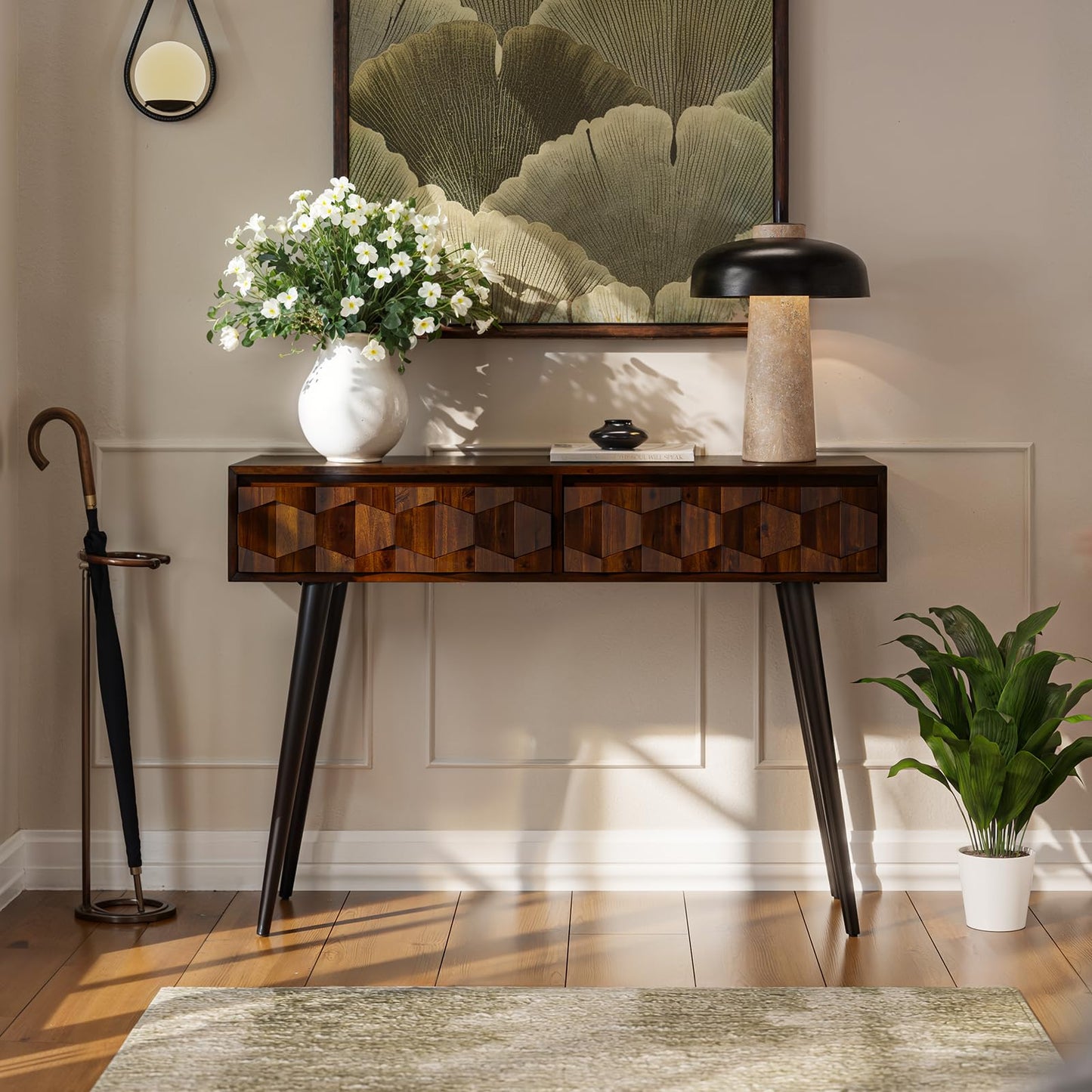 Bme Console Modern Mid-Century 2 Drawers, Unique Geometric Design Sofa Table for Entryway, Hallway, Living Room, Walnut