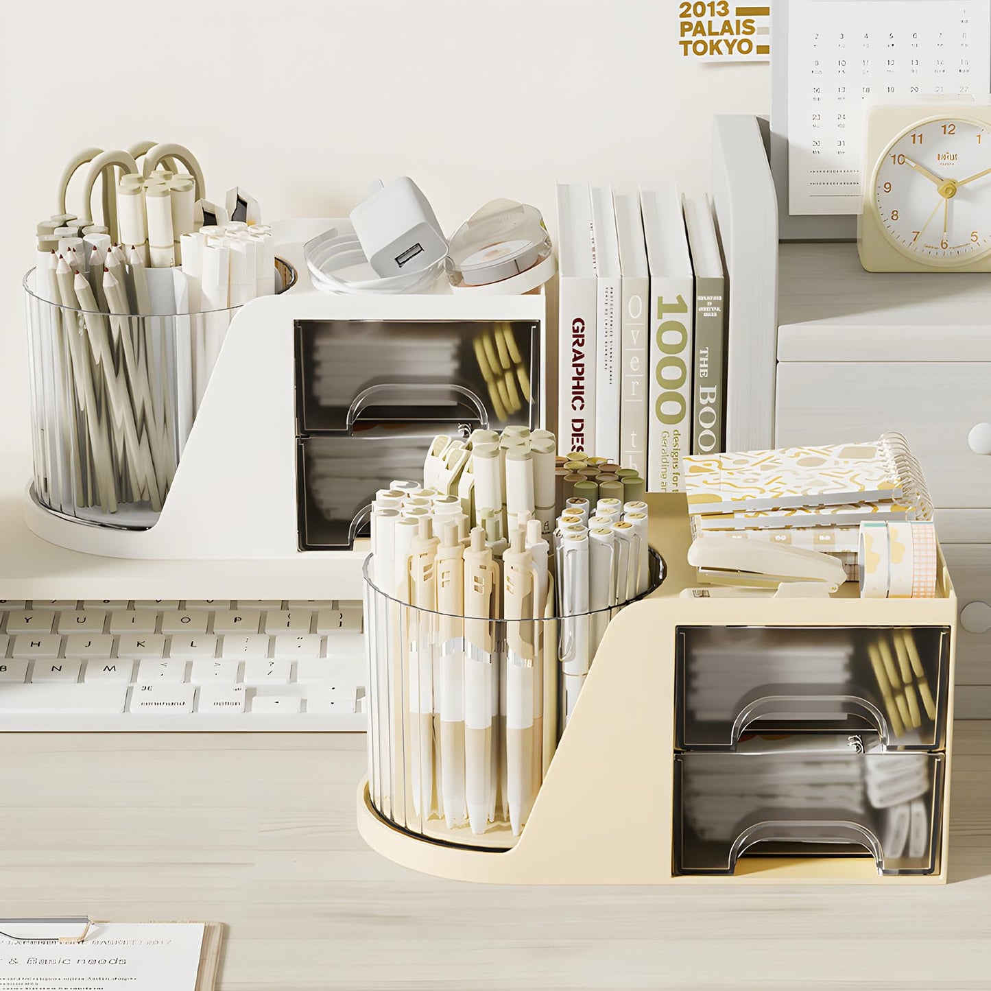 360 Degree Rotating Pencil Pen Holder for Desk , Cute Desk Pen Organizers Desktop Storage Stationery Supplies Cup Pot for Office School Home Art Supply Accessories Caddy Makeup Brush Holder White