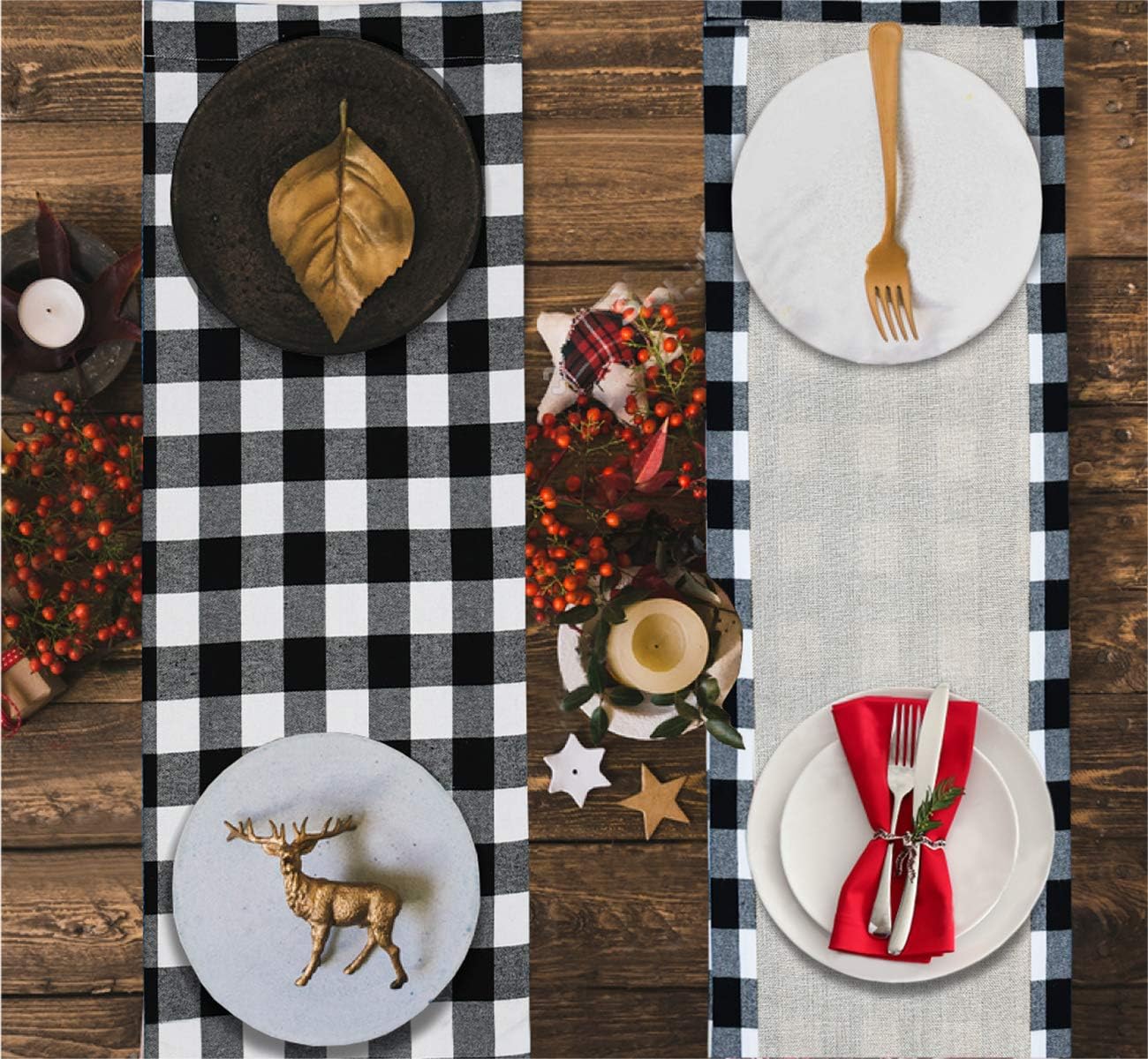 Senneny Christmas Table Runner 14 x 72 Inch, Burlap & Cotton Black White Plaid Reversible Buffalo Check for Holiday