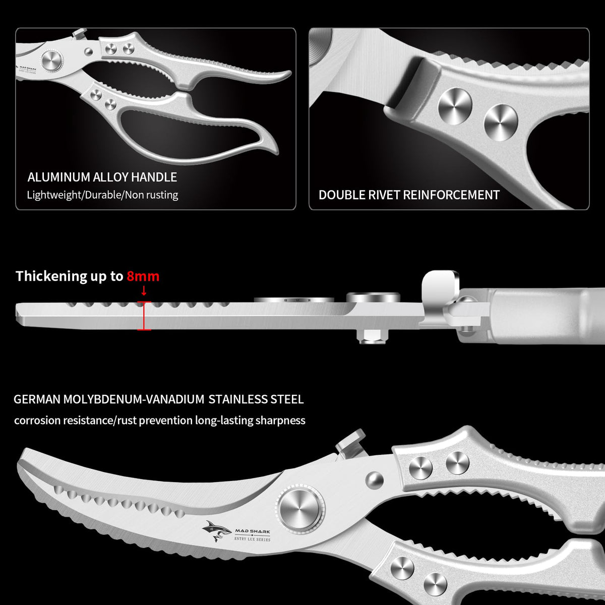 MAD SHARK Heavy Duty Poultry Shears, Kitchen Shears with Non-Slip Handle & Safety Lock, All Purpose Kitchen Scissors for Chicken, Meat Cutting, Turkey, Fish, Vegetables, Spring Loaded, Dishwasher Safe