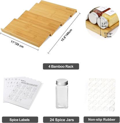 24 Jars,216 Labels,25 4 Drawers,Cabinets,Countertop,11" 15.8" Spice Drawer Organizer with Spice Non-slip Rubber, Bamboo