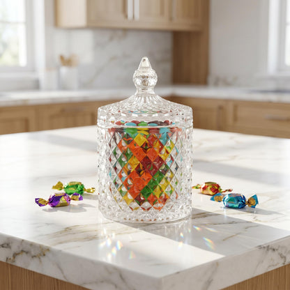 Hedume 4 Pack Crystal Diamond Faceted Jar with Crystal Lid, Glass Food Storage Organization Set Suitable as Candy Dish, Cookie Tin, Decorative Sugar Bowl (Diameter 3.3 Inch)