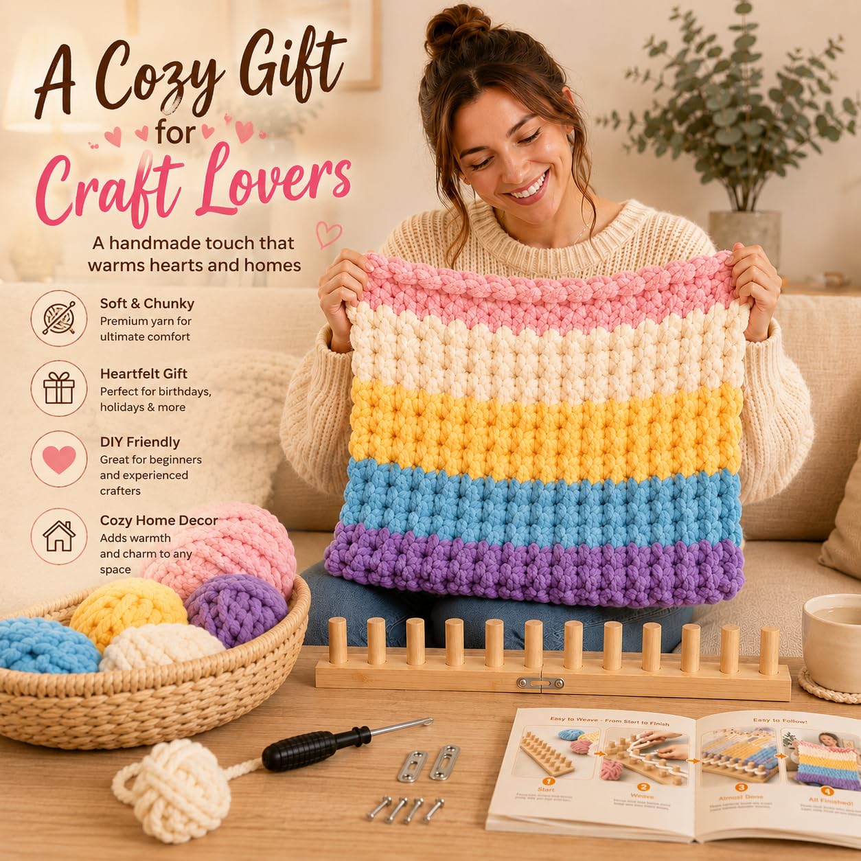 TopBoAoRAA 70'' Chunky Knitting Blanket Loom, Adjustable Wood Knit Loom with Detachable Modules, Portable Hand Weaving Loom Kit for Beginners, DIY Yarn Craft Tool for Home & Trave (70 inch)