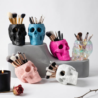 Skull Makeup Brush Holder, Pen Holder, Vanity, Desk, Office Organizer, Stationary, Decor Planter, Candy Bowl, Goth Decorations, Extra Large, Skulls Gothic Skull & Bones Organizer Bathroom (iridescent)