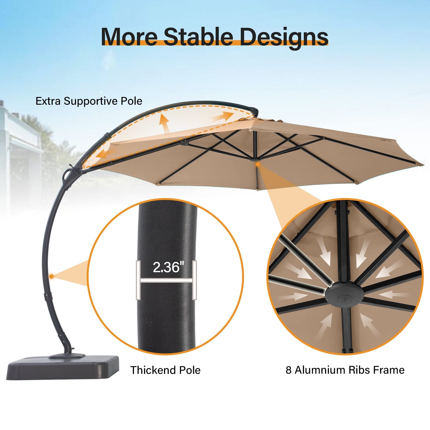 LAUSAINT HOME Sunbrella Outdoor Patio Umbrella with Base Included, 12 FT Deluxe Curvy Cantilever Umbrella Offset Hanging Umbrella with 360° Rotation for Market, Pool, Deck, Garden, Backyard