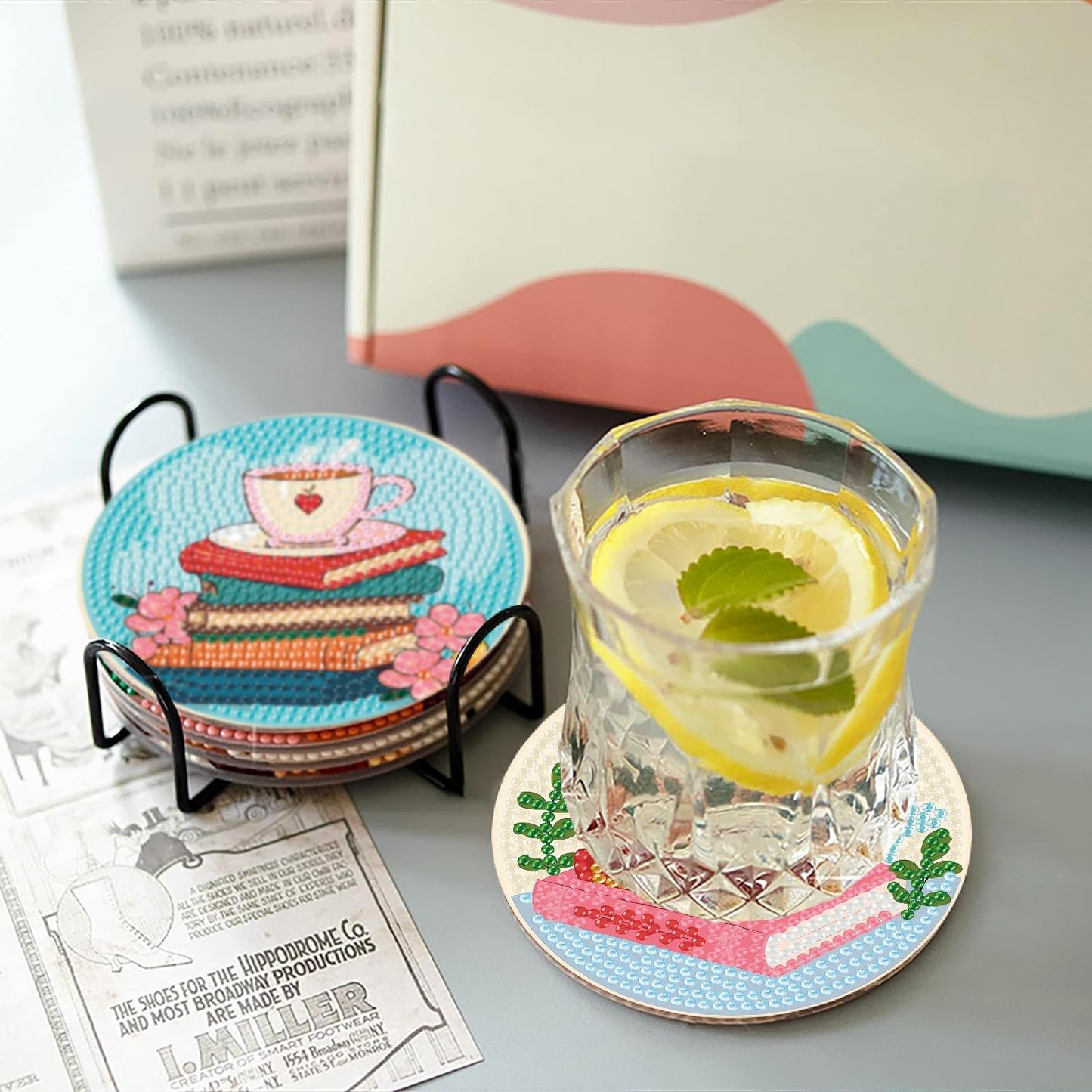 8 Pcs Book Diamond Art Coasters Kit for Adults, Book Lovers Wooden Coffee Diamond Painting Coasters with Holder, 5D Gem Art Dots Painting Coaster with Cork Pads - Crafts Supplies for Home Decor