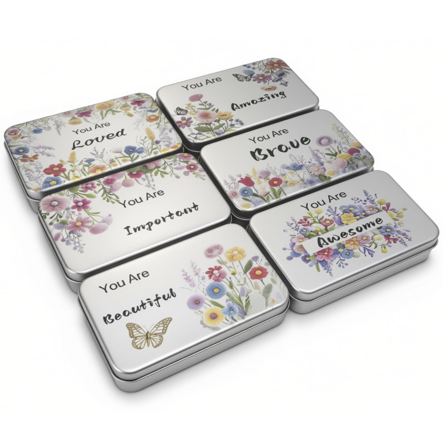 Goodma 6 Pack Rectangular Metal Tins Storage Organizer Gift Boxes with Inspirational Quotes & Flowers Image Pattern on the Lid, 5.9 x 3.5 x 1.2 inch (Silver)