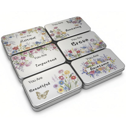 Goodma 6 Pack Rectangular Metal Tins Storage Organizer Gift Boxes with Inspirational Quotes & Flowers Image Pattern on the Lid, 5.9 x 3.5 x 1.2 inch (Silver)