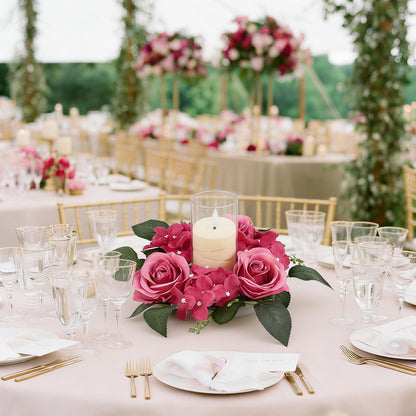 UUXX 4PCS Candle Rings for Pillars, Silk Roses Hydrangea Artificial Flowers Candle Wreaths Rings for Table Centerpieces Wedding Valentine's Day Party Decor(Hot Pink)