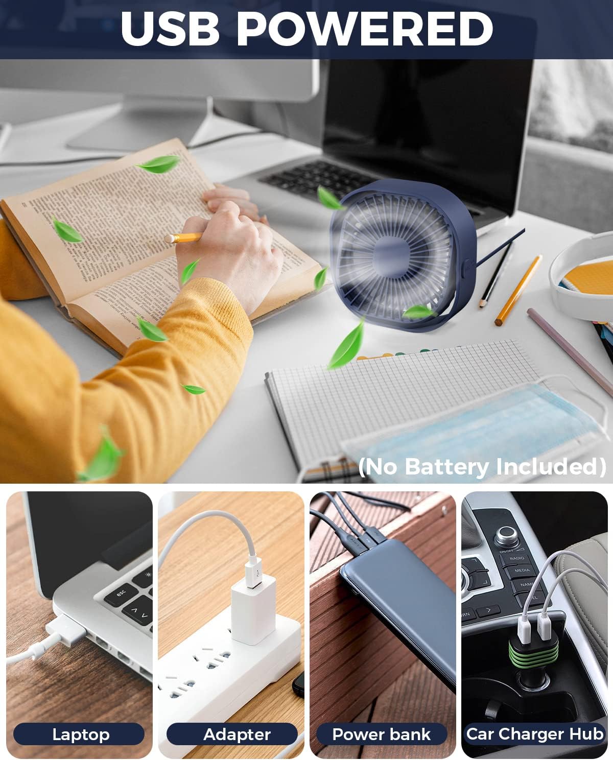 RJVW Small USB Desk Fan, 3 Speeds Portable Table Fan, 4 Inch Mini Fan, 360° Rotatable for Home Office