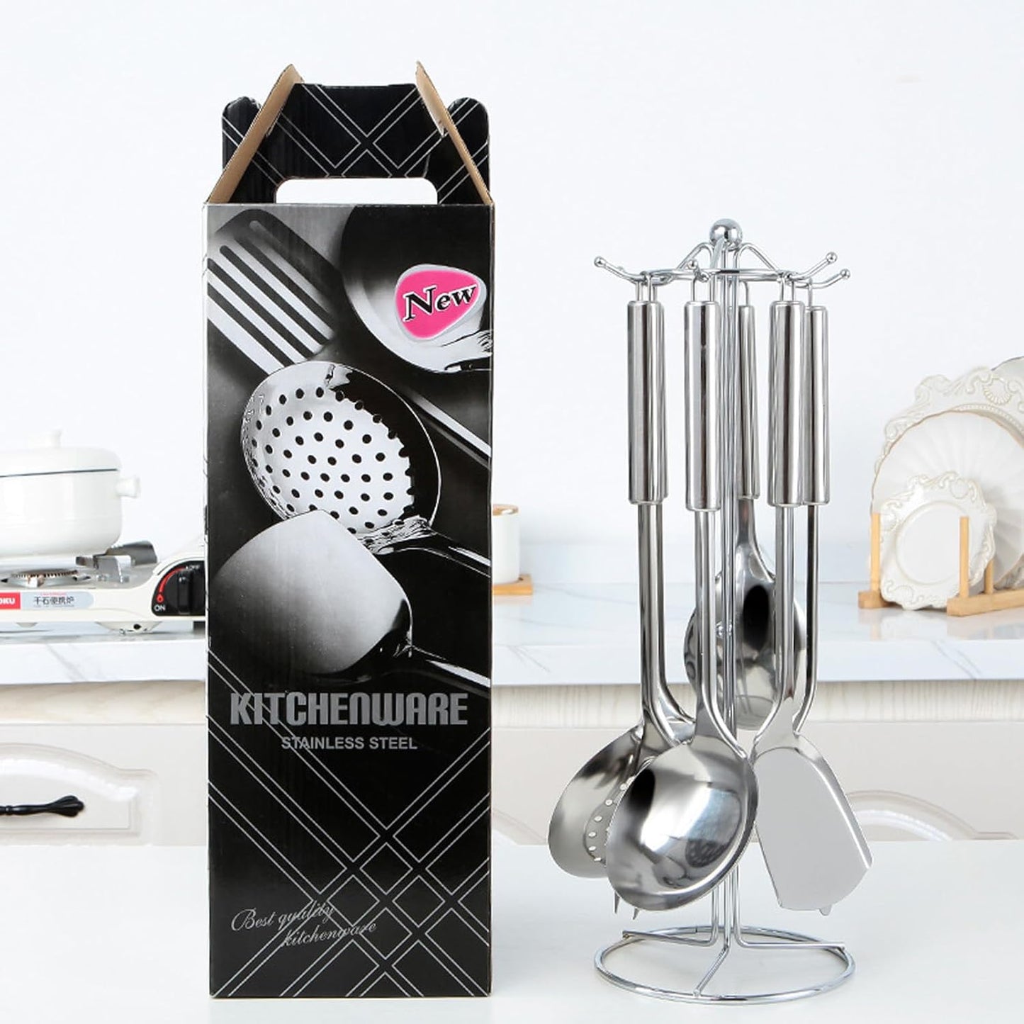 Stainless Steel 5-Piece Utensil Set: Heat Resistant Cooking Tools, Slotted Spoon, Spatula, Large Spoon