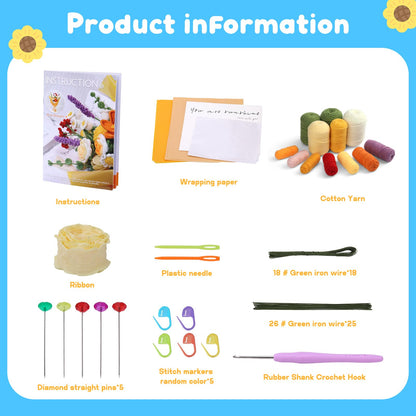 Iuuidu Crochet Kit for Beginners, Flower Bouquet Crochet Kit Rose, Knitting Starter Kit with Crochet Yarn and Step-by-Step Instructions for Birthday, Wedding Anniversary Day Present