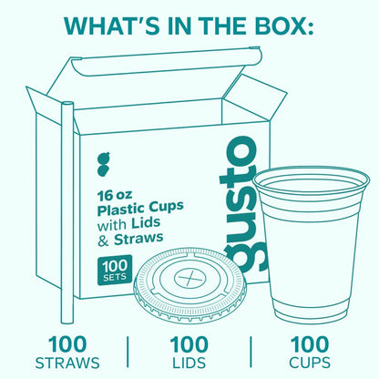 GUSTO [24 oz - 100 Sets Clear Plastic Cups with Lids and Straws – Disposable Iced Coffee Cups for Cold Drinks, Smoothies, and To-Go Beverages – Sturdy, Easy-to-Separate