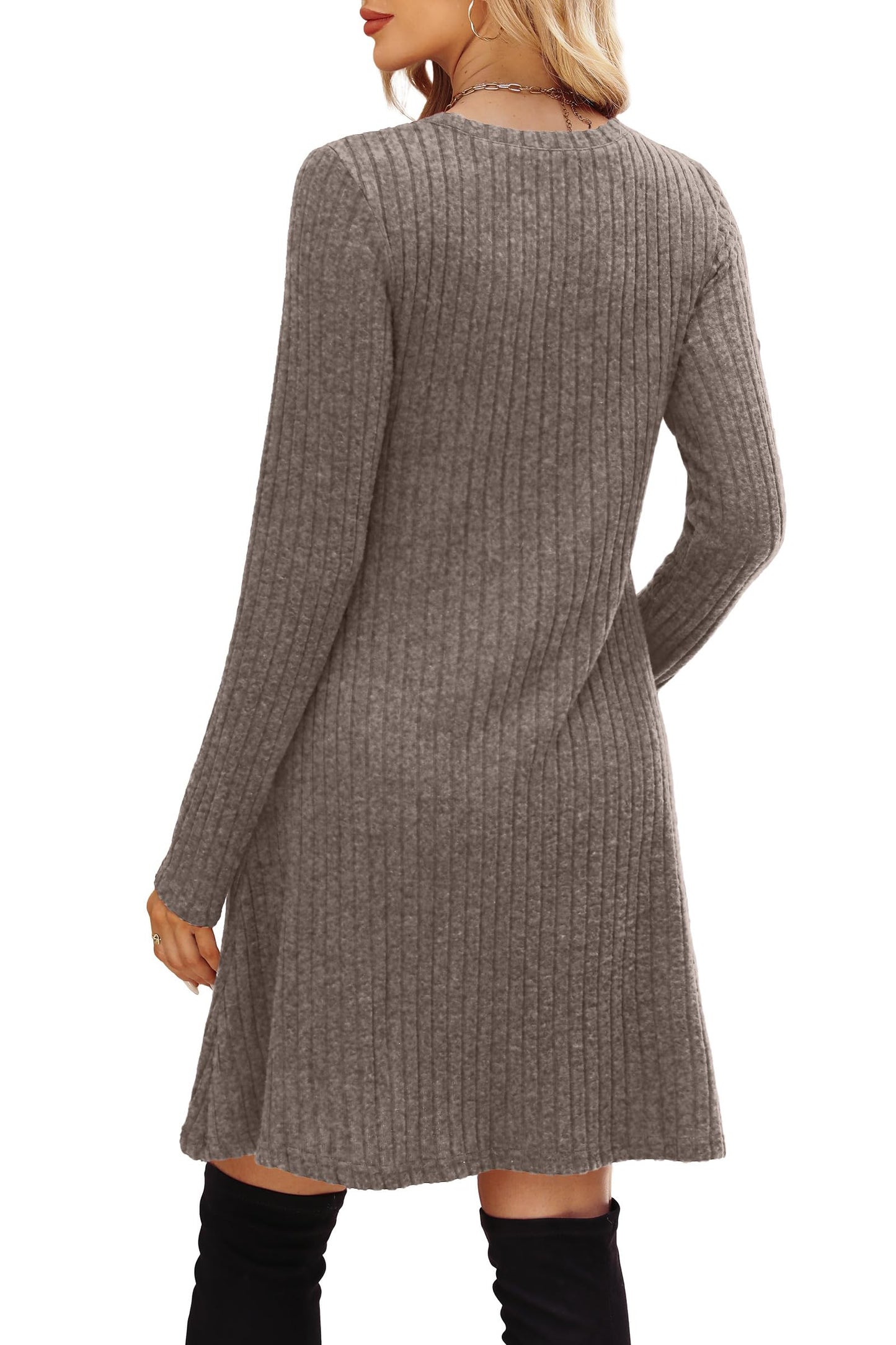 OFEEFAN Long Sleeve Dress for Women Crew Neck Empire Waist Tunic Dress with Pockets