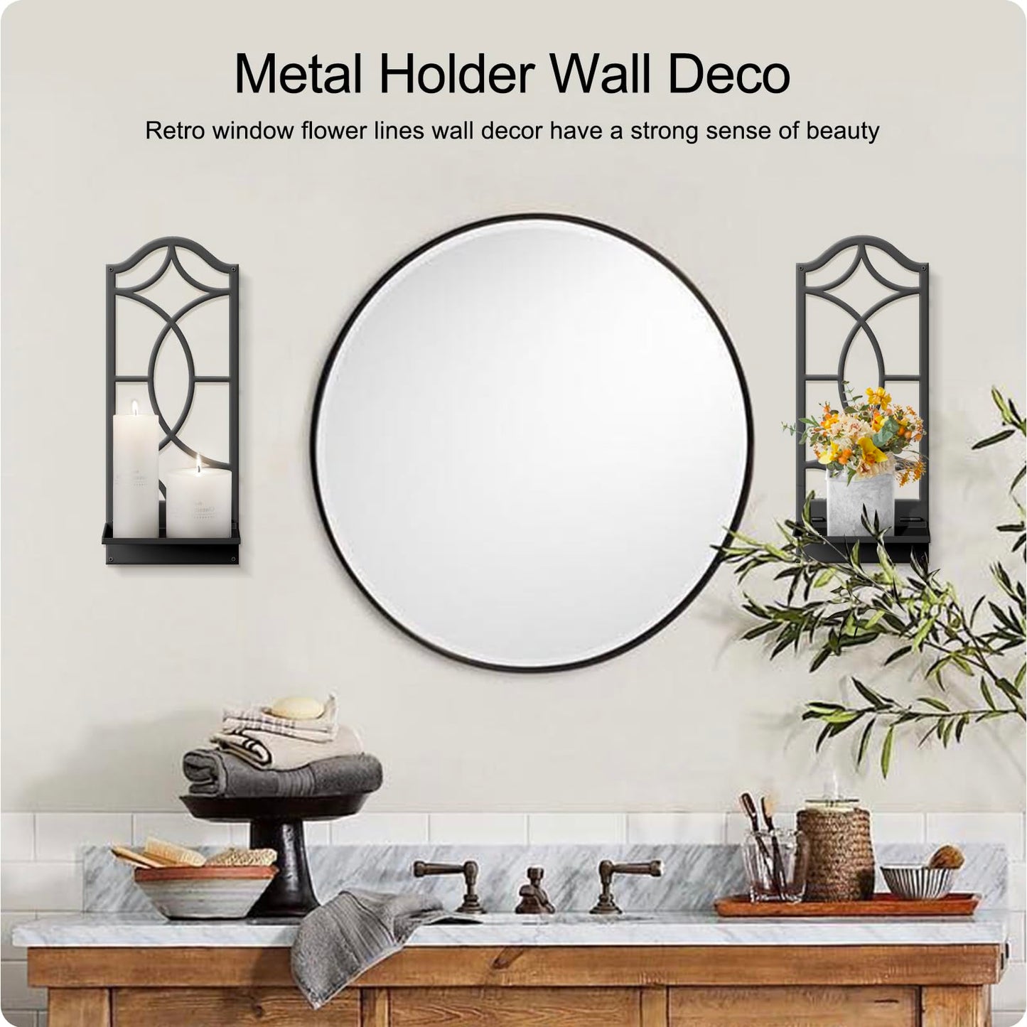 Candle Wall Sconces Set of 2, Black Metal Wall Art Decor for Living Room, Dining Room, Bedroom, Bathroom (16.5 x 7 in)