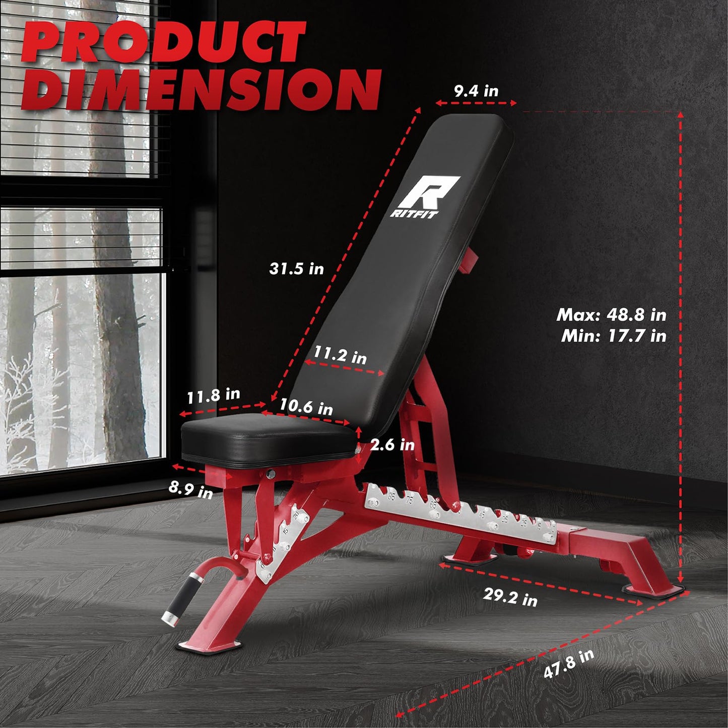 RITFIT Adjustable Weight Bench with Multiple Back Positions for Full Body Workouts, Incline, Decline, and Flat Settings for Home Gym Strength Training, 1300LB Capacity