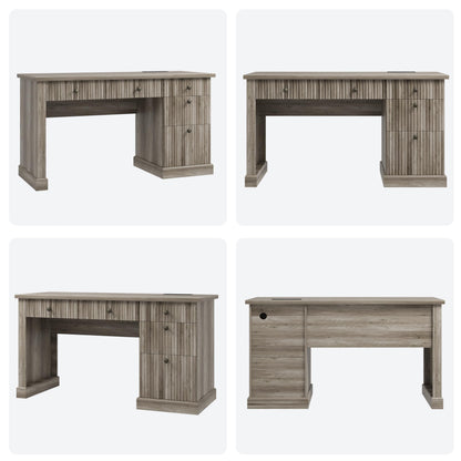 IDEALHOUSE Modern 54" Executive Office Desk with Fluted Details & Charging Station - Wooden Computer Desk with File Drawers, Home Office Storage Desk for Study, Living Room or Bedroom, Rustic Gray