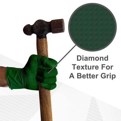WECARE Green 8 Mil Nitrile Gloves Medium 50 Pack - Heavy Duty Mechanic Gloves, with Diamond Grip - Powder and Latex Free Disposable Gloves