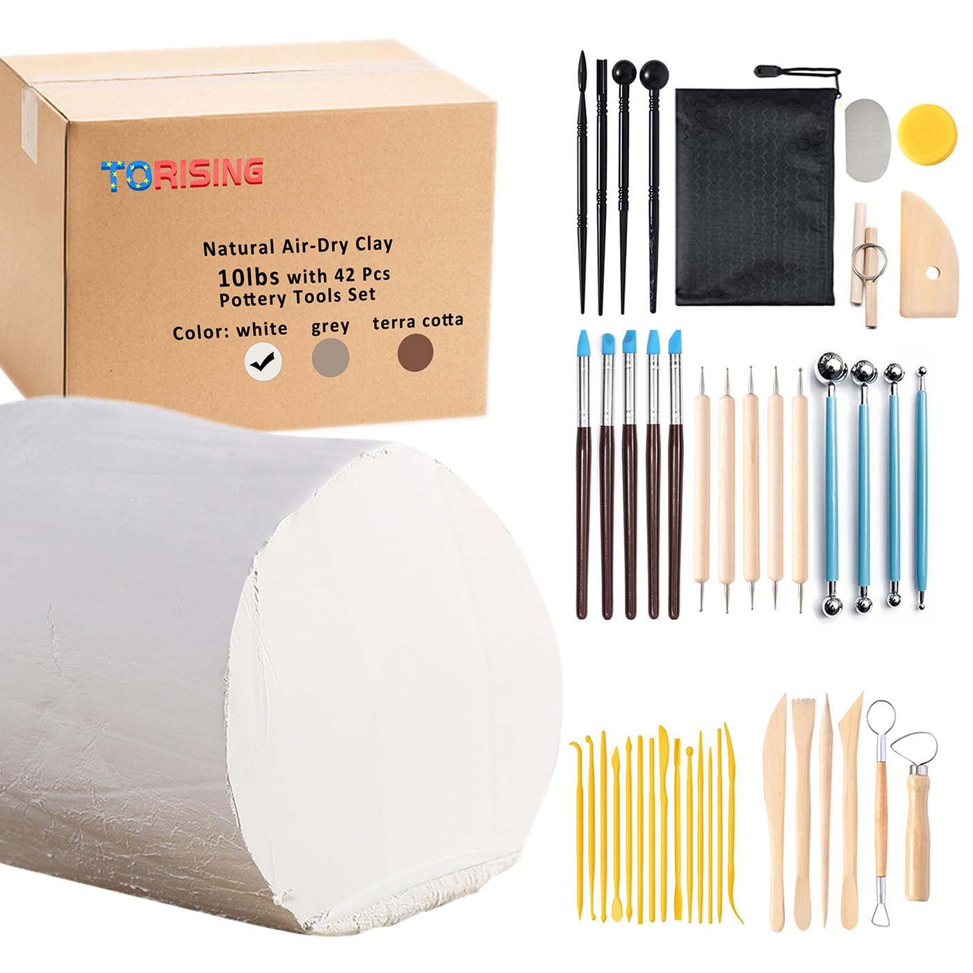TORISING Air Dry Clay 10 LBs with 42 Pcs Set Pottery Clay Tools Set for Hand Modeling and Throwing, Non-Toxic (White & Kit)