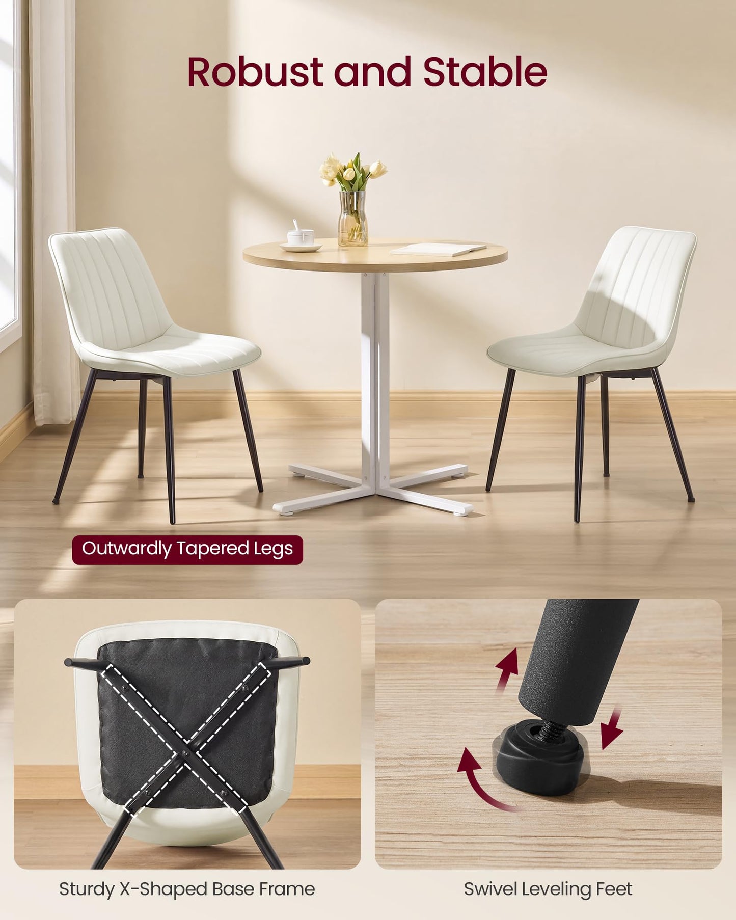 VASAGLE Dining Chairs Set of 6, Upholstered Kitchen Chairs, Synthetic Leather, Max. Load 264 lb, Steel Legs, Curved Backrest, for Dining Room, Cloud White and Ink Black ULDC090WH02-3J