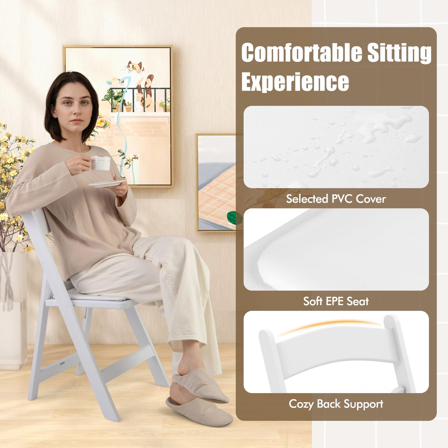 GOFLAME 20 Pack Folding Chairs, Foldable Dining Chair Set with Padded Seat, All-Weather Resin Frame, Indoor Outdoor Portable Commercial Seat for Home, Party, Wedding, 1100 Lbs Load Capacity, White