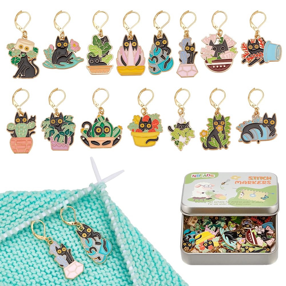 NBEADS 15 Styles Cat with Plants Stitch Markers, Alloy Enamel Crochet Stitch Marker with Leverback Locking for Knitting and Crocheting