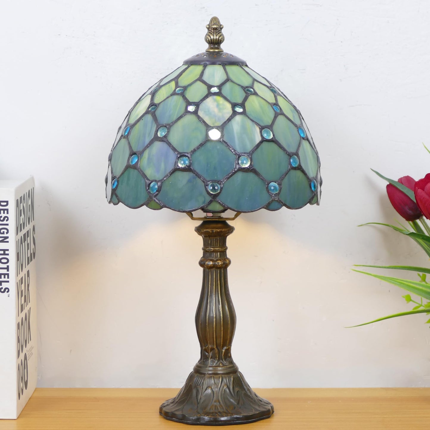 WFAYNTIFL Small Tiffany Lamp Mini Stained Glass Table Lamp Sea Blue Pearl Style Bedside Accent Lamp Memory Sympathy 8X14.5 Inch