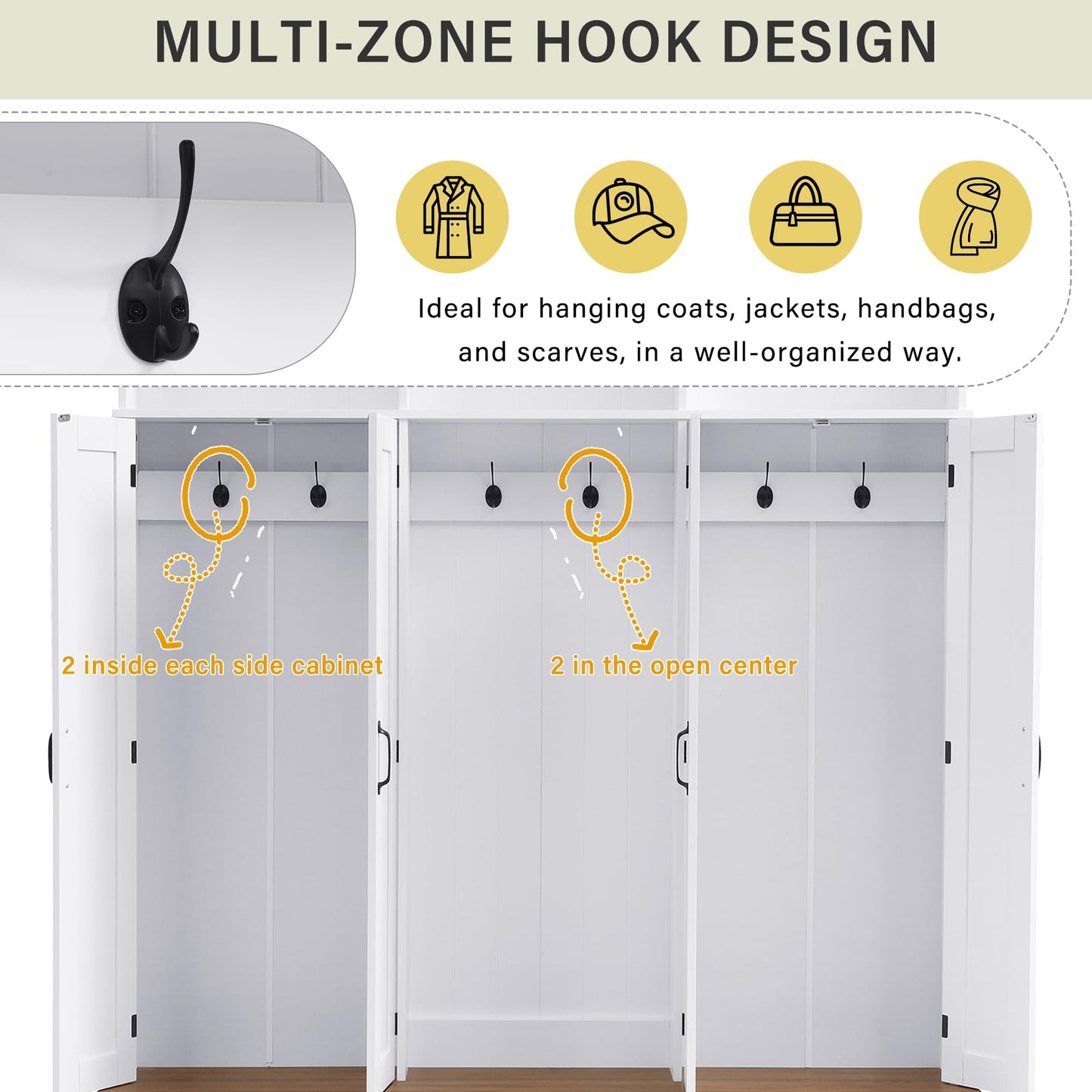 Amposei Farmhouse Hall Tree with Storage Cabinet & Shoe Bench, 78.7''H Tall Entryway Storage Organizer with 4 Doors, 7 Open Cubbies & 6 Coat Hooks for Hallway Mudroom Living Room, White