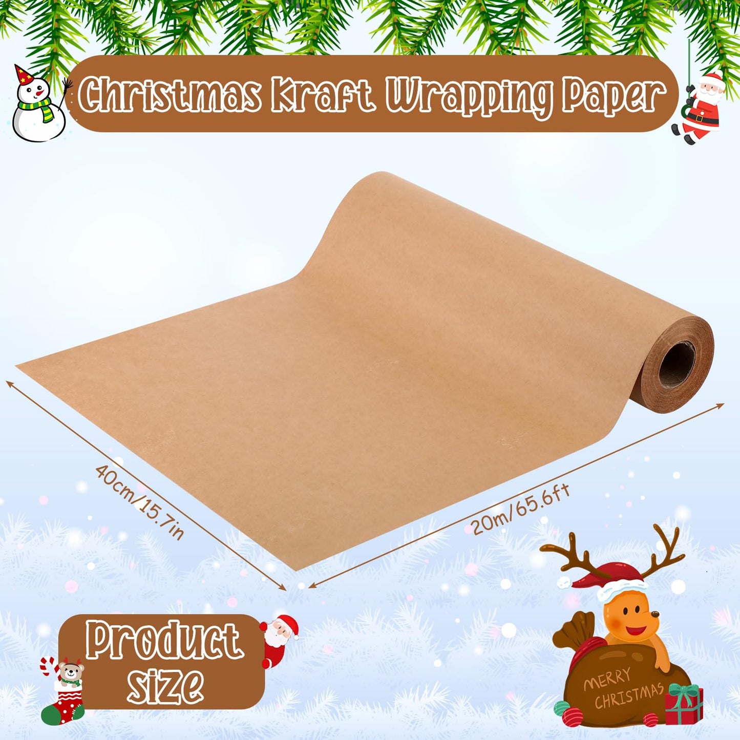 Spakon 73 Pcs Kraft Christmas Wrapping Paper Set, 15.7 in x 65.6 ft Brown Vintage Wrapping Paper with Red Berry Wreath Label Adhesive Tape for Christmas Handmade DIY Craft