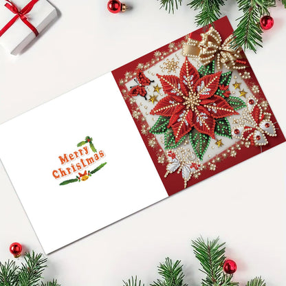 DIY Diamond Art Painting Greeting Cards Set, 5D DIY Diamond Christmas Halloween Blessing Greeting Wish, Birthday Card Making Kits for Family Friends Handmade Gift-Poinsettia-1