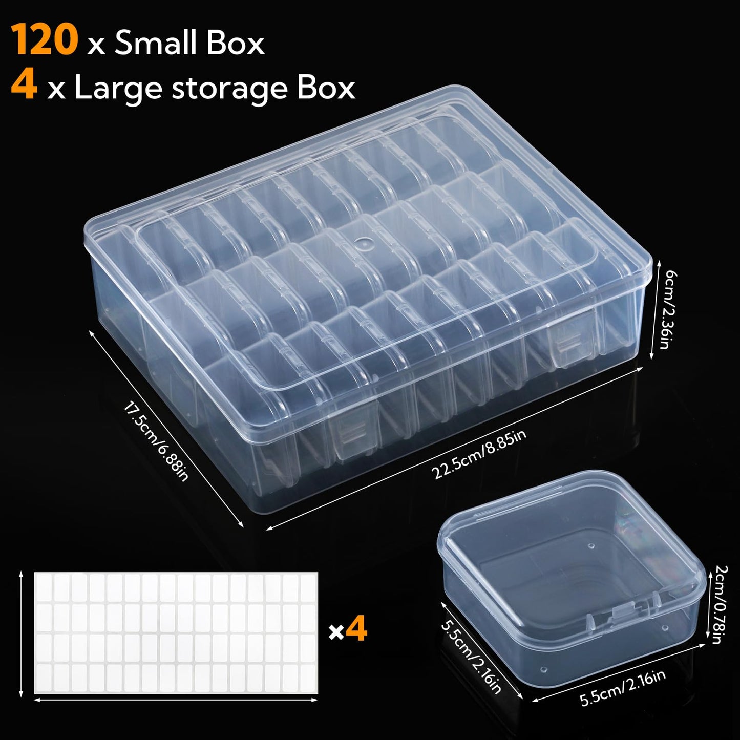 124 Pack Bead Organizer Box, Transparent Small Plastic Containers (4 Large Boxes and 120 Small Boxes), Bead Organizers and Storage with Blank Stickers for Bracelet Making DIY Jewelry Craft Nail