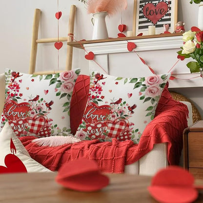 RABUSOFA Valentines Love Heart Pillow Covers 18x18 Inch Set of 2, Pink Rose Red White Outdoor Romantic Holiday Party Cushion Cases Valentine Decoration for The Home Sofa Indoor (Red, 18" x 18")
