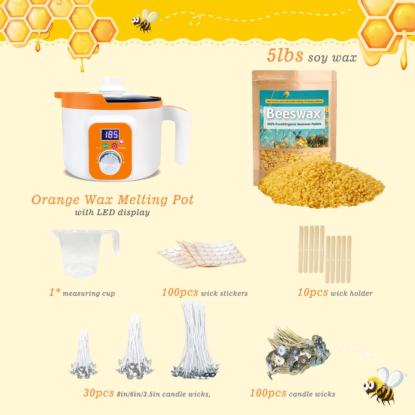 Ksedcon Beeswax for Candle Making Kit, 5lb Beeswax to Make Candles Include Bees Wax with Digital Wax Melter, Candle Wicks, Stickers, Candle Making Kit for Adults