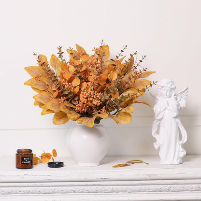 120 Pcs 5 Kinds Mixed Artificial Eucalyptus Leaves Stems and Fake Berry Bulk for Fall Decorations,Faux Plants Bundle for DIY Bouquets Floral Arrangement Wedding Engagement Party Autumn Decor (Orange)