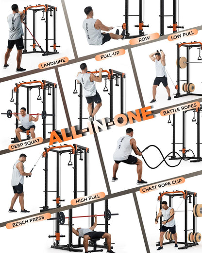 Power Cage, Power Rack with Cable Crossover System, 2000LBS Squat Rack with LAT Pull Down System, Workout Cage with Pulley System for Fitness Home Gym Strength Training, Orange & Black