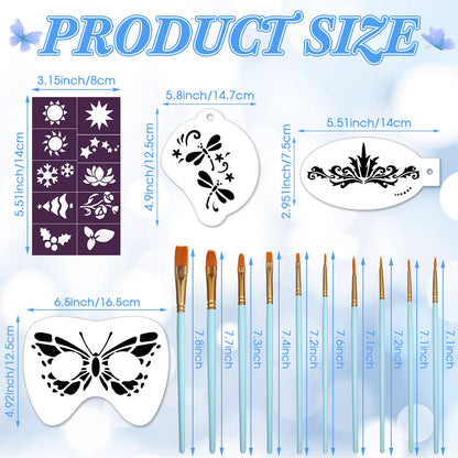 Thenshop 42 Pcs Face Paint Stencils Kits Includes 28 Reusable Facial Painting Stencils with 4 Stickers 10 Painting Brushes Plastic Tattoo Templates for Kids Halloween Party Makeup(Classic Style)