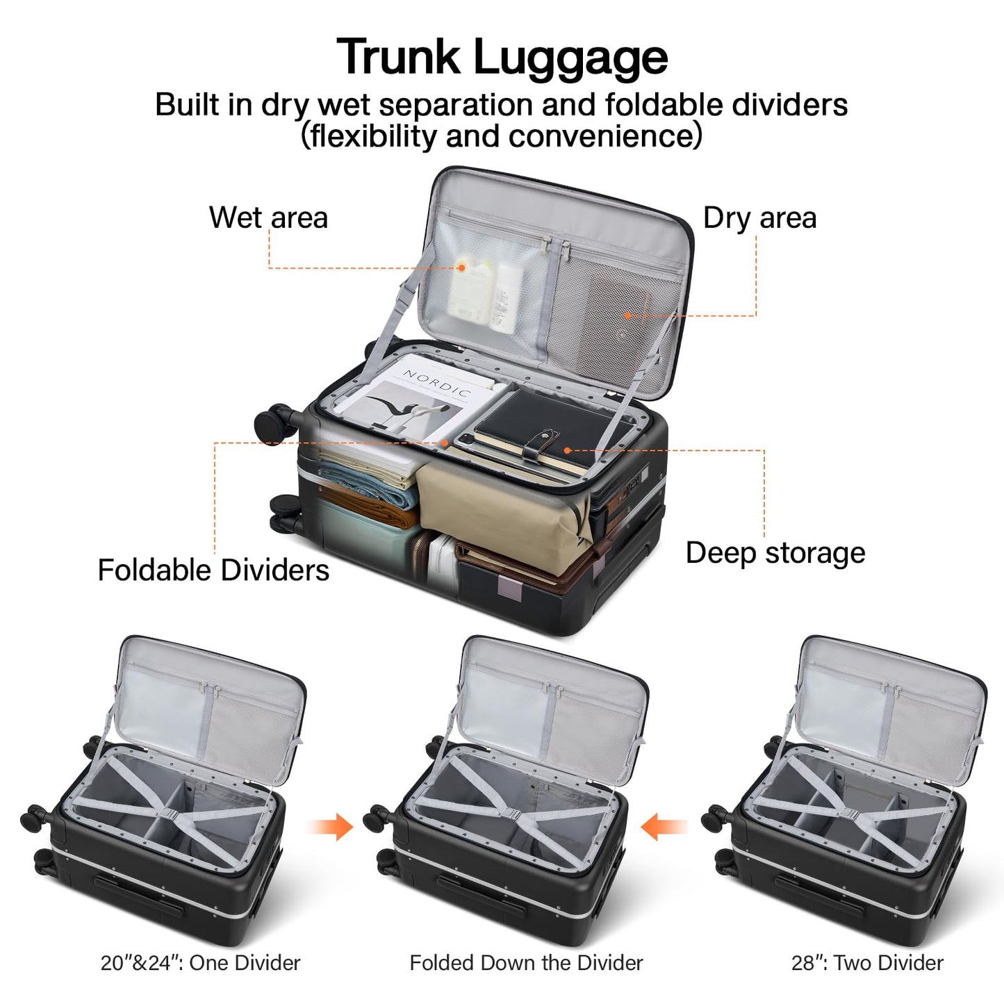 Hanke 28 Inch Checked Luggage with Cup Holder and USB Ports, Top Opening Hard Shell Suitcase with Wheels, Aluminum Frame Large Trunk Luggage with Foldable Divider & TSA Lock for Travel, Jet Black