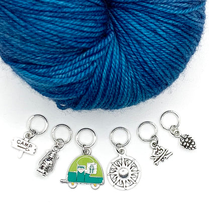 Go Camping Knitting Stitch Markers with Storage Tin | Ring Style Closed Rings | Camping Theme | Gift for Knitters & Yarn Lovers | Handmade by Pretty Warm Designs