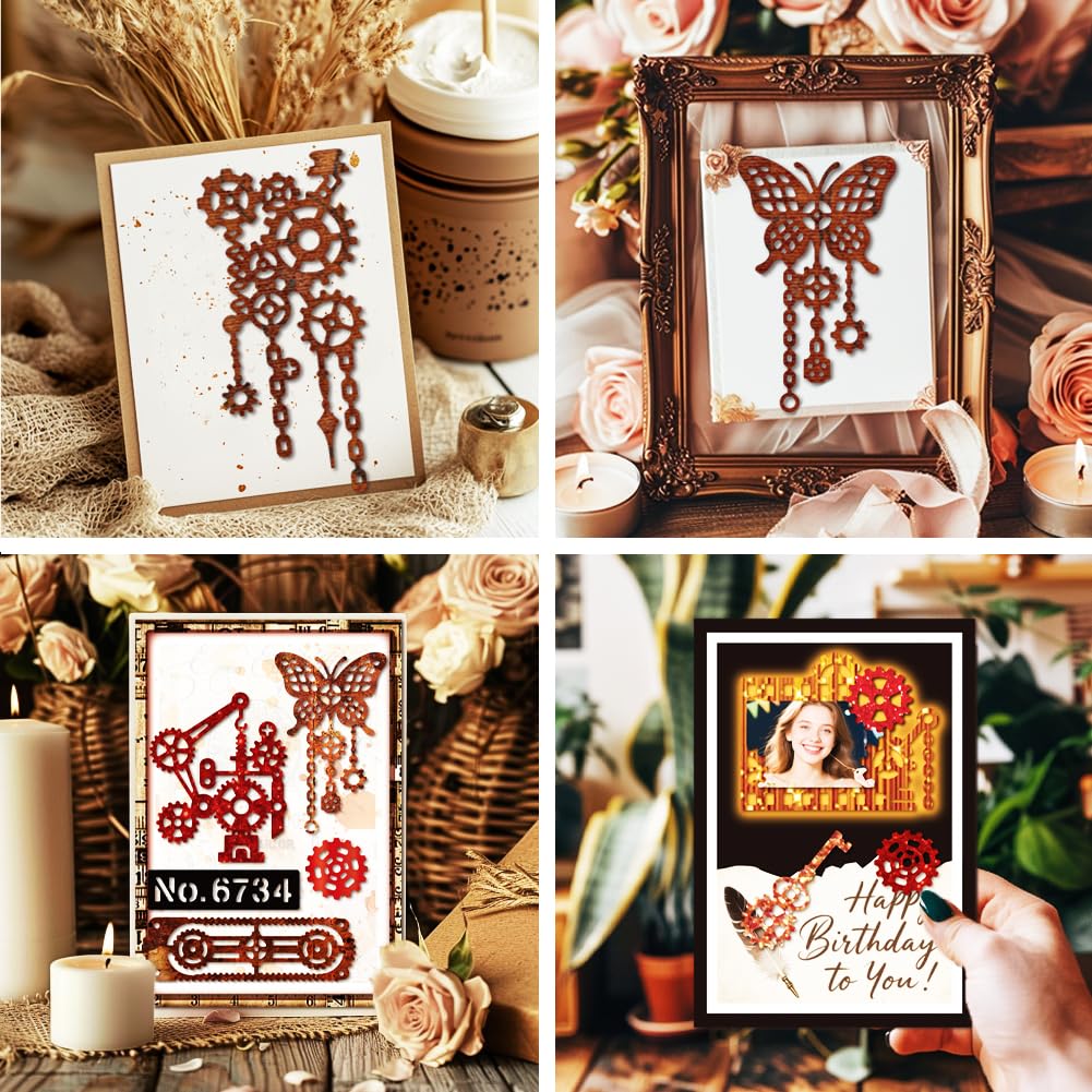 MAYJOYDIY Gear Frame Metal Die Cuts Steampunk Gear Machine Cutting Dies Machine Butterfly Embossing Stencils Scrapbooking Tool for DIY Scrapbooking Craft Card Making Album Gift Decor