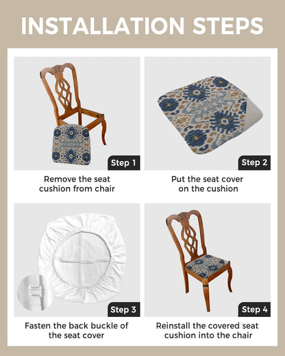 Boho Blue Brown Seat Covers for Dining Room Chairs, Stretch Cushion Protector for Kitchen Set of 2