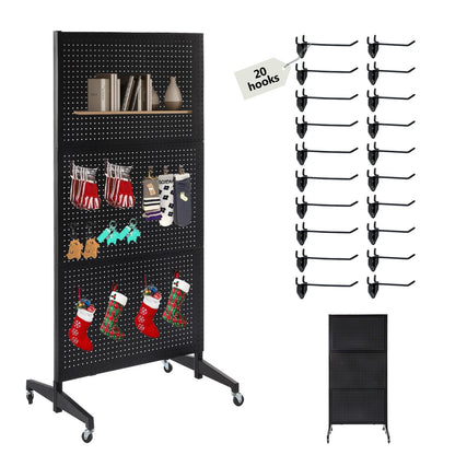 3'x 6' Black Pegboard Panels Display Stand with T-Base, Metal Peg Board Organizer Panels Display Rack With Wheel, Craft Fair Display Rack, Art Display Stand, Retail Display, Extra 20 pieces Hooks