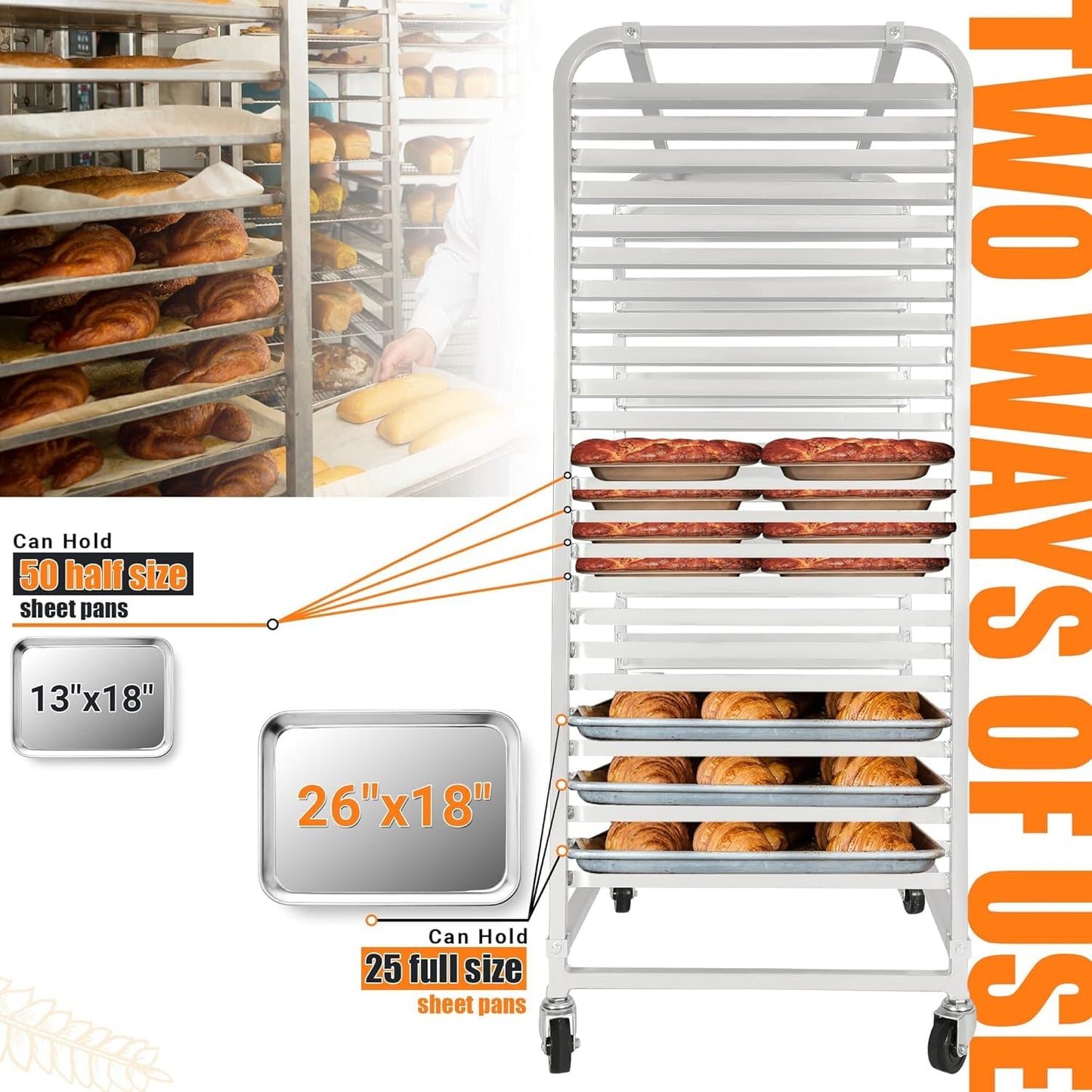 HECASA Adjustable Bun Pan Rack 25 Tier with Brake Wheels, Bakery Sheet Rack for Foodservice, Kitchen,Restaurant, Pizzeria, Hotel, Home, Aluminum, 24.72" L x 20.5" W x 58''H Oxidation